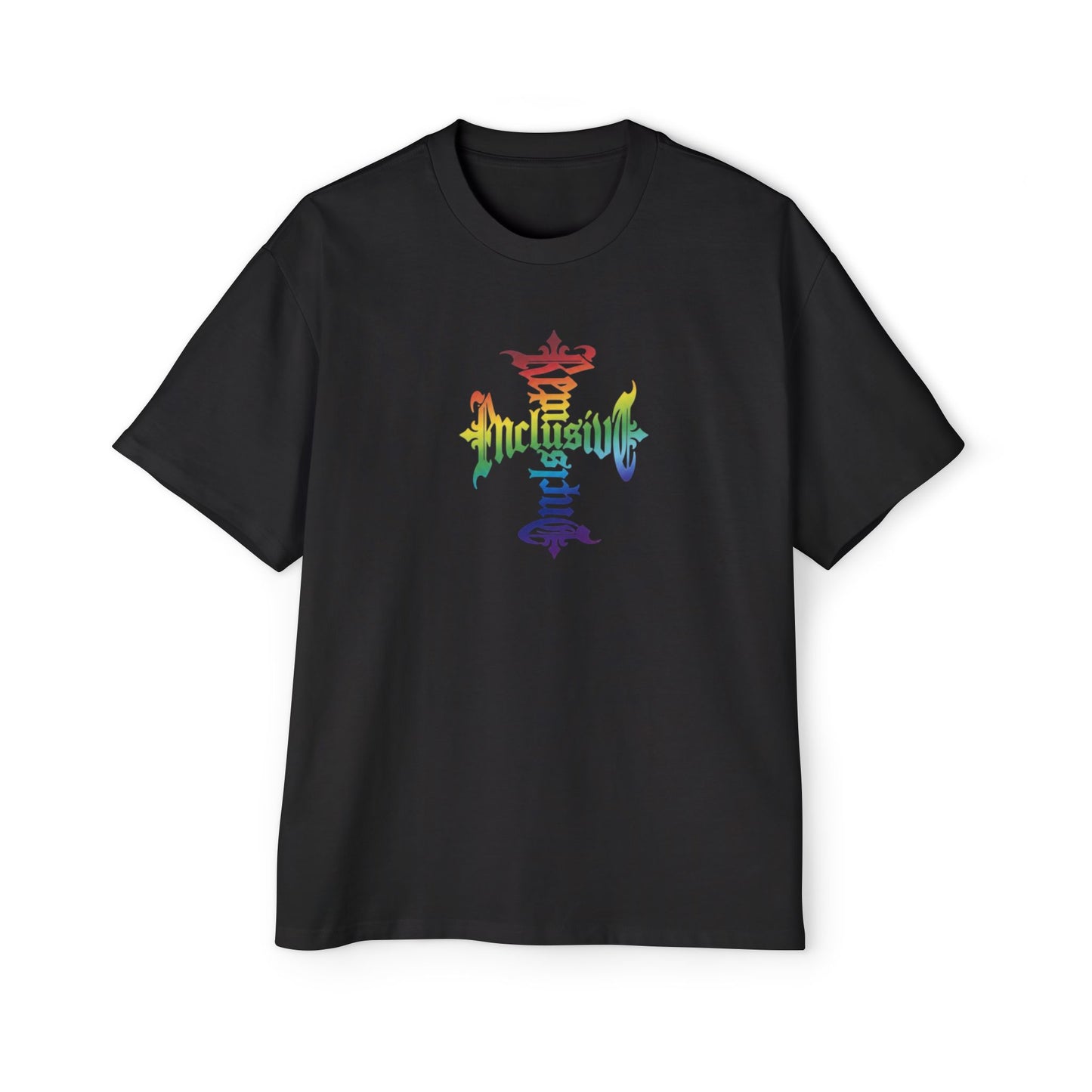 Inclusive Pride Tee — Rainbow Gothic Cross Graphic Oversized T‑Shirt