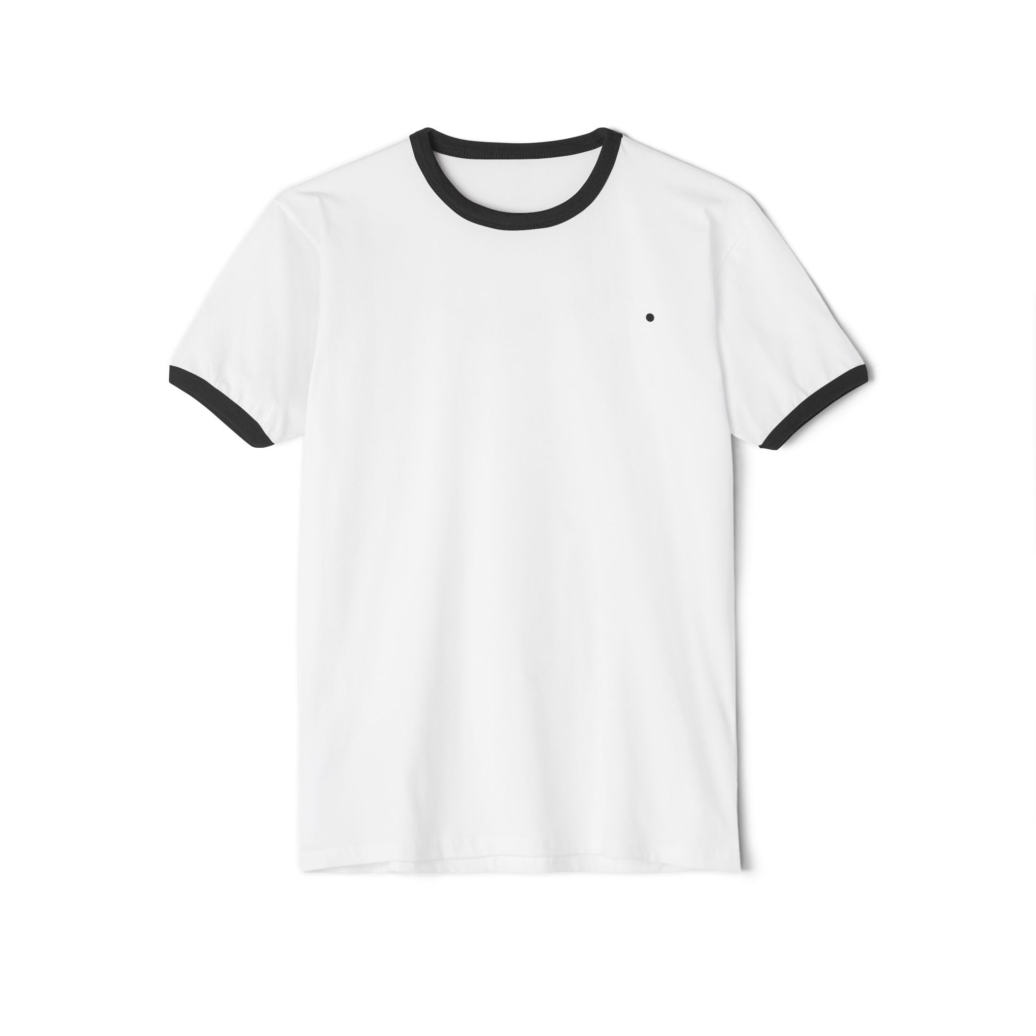White t-shirt with black trim on a white background