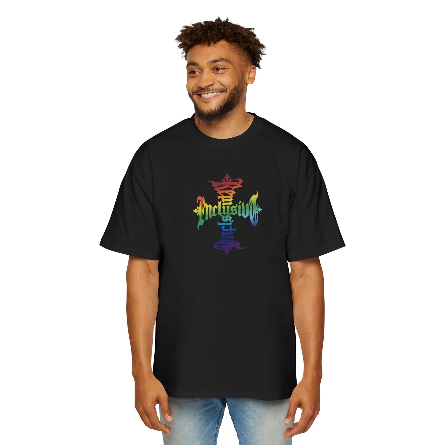 Inclusive Pride Tee — Rainbow Gothic Cross Graphic Oversized T‑Shirt