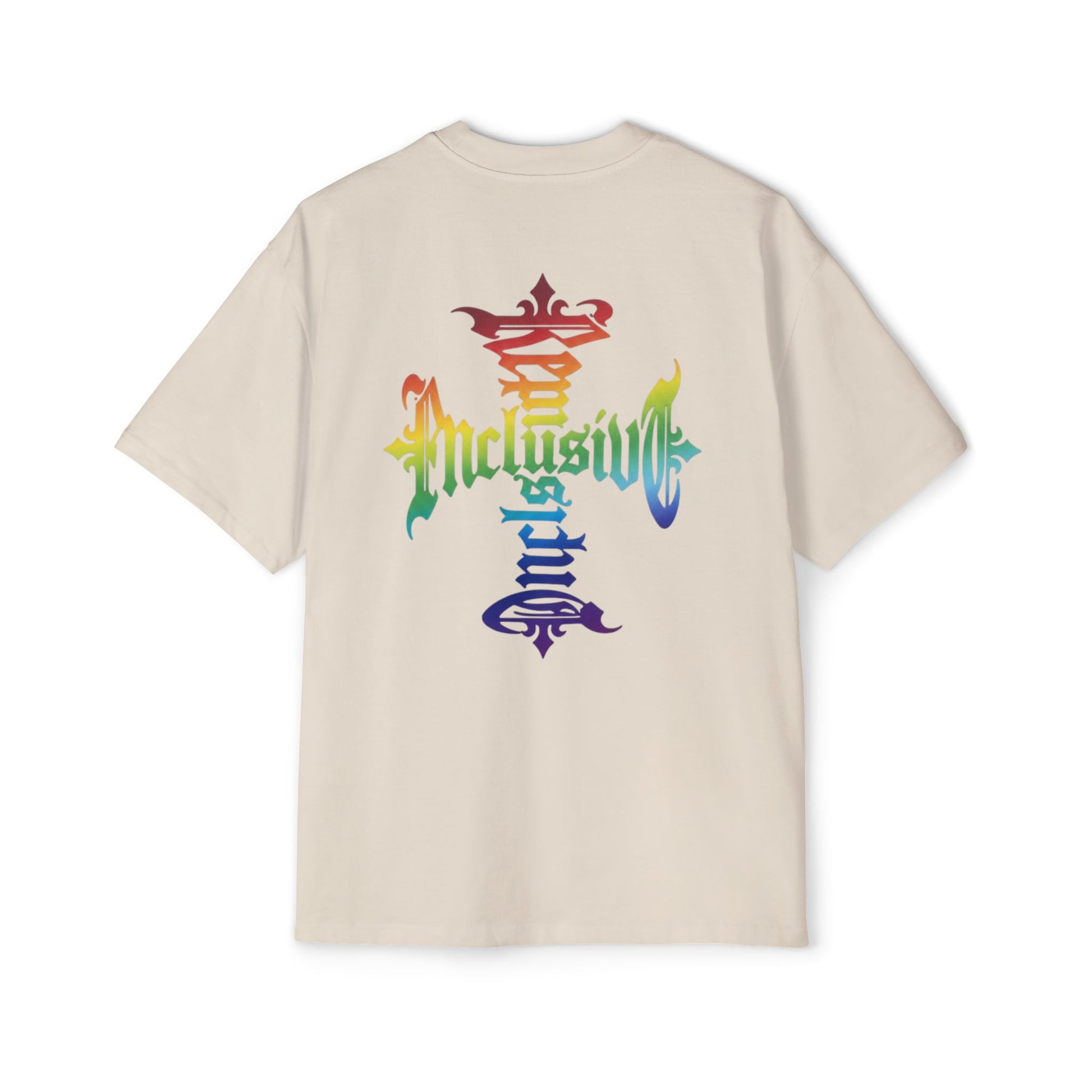 Beige t-shirt with rainbow-colored text on a white background